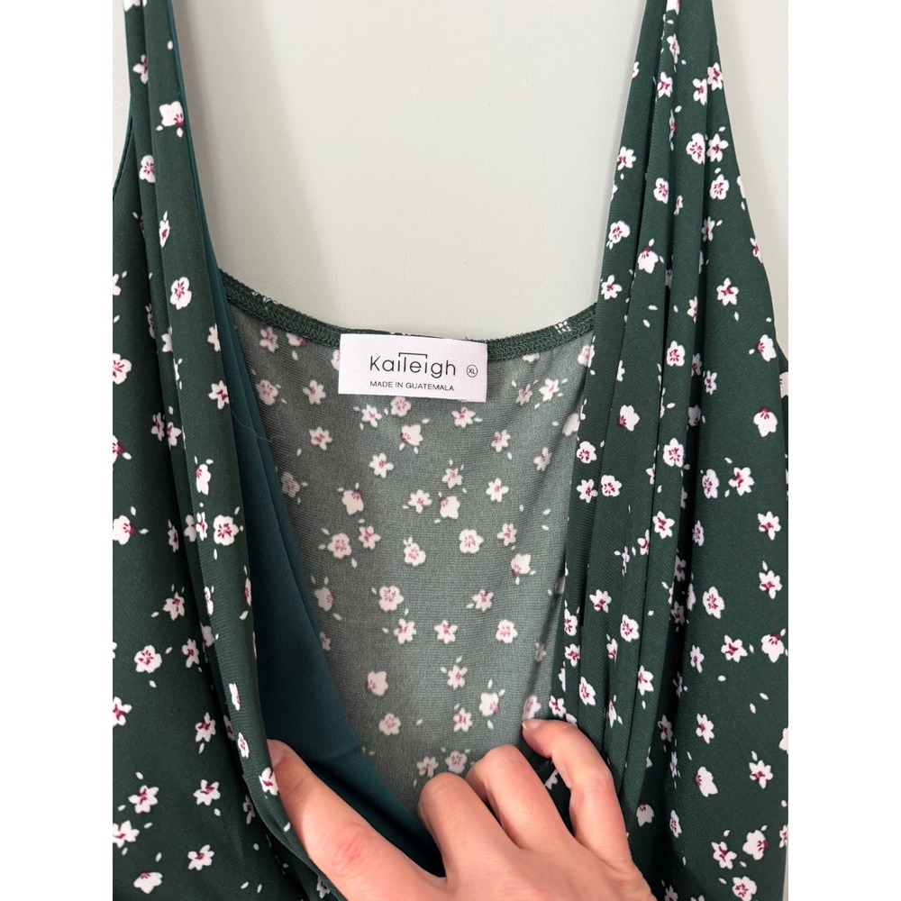 Kaileigh Ditsy Floral Wide Leg Forest Green Faux Wrap Sleeveless Jumpsuit XL - Picture 6 of 9